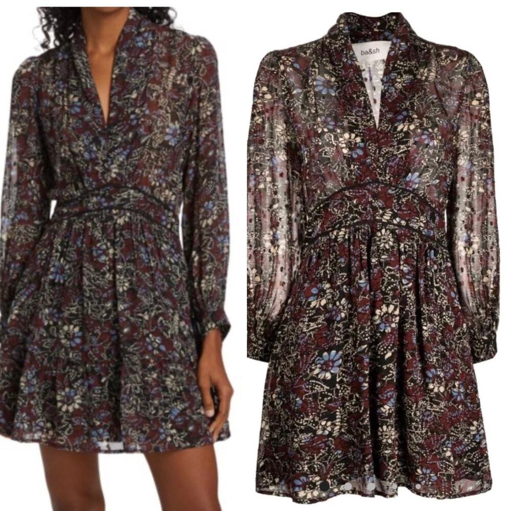 ba&sh Giani Sheer Floral Mini Dress Carbone Red Combo Floral Long Sleeve Brown